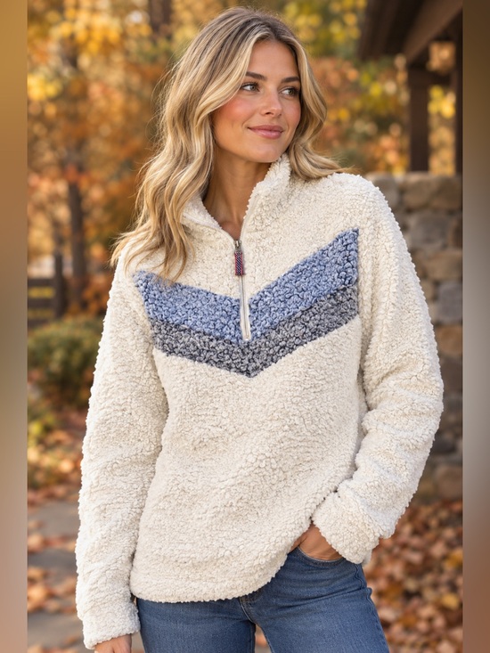 Weatherproof Tops - 2/$15 Cream Pocketed Sherpa Pullover with Blue-Gray Chevron